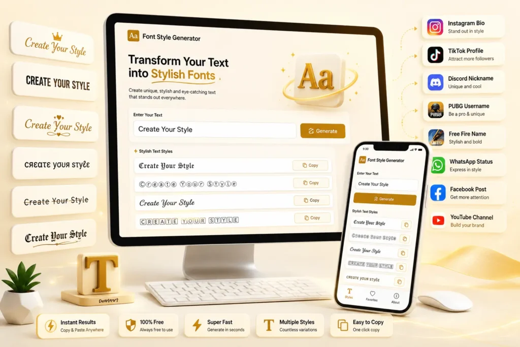 Font Style Generator converting normal text into stylish fonts for social media profiles, gaming usernames, and online branding