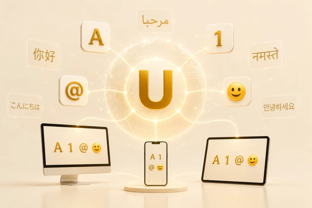 Unicode illustration showing letters, numbers, symbols, emojis, and multiple languages displayed consistently across devices
