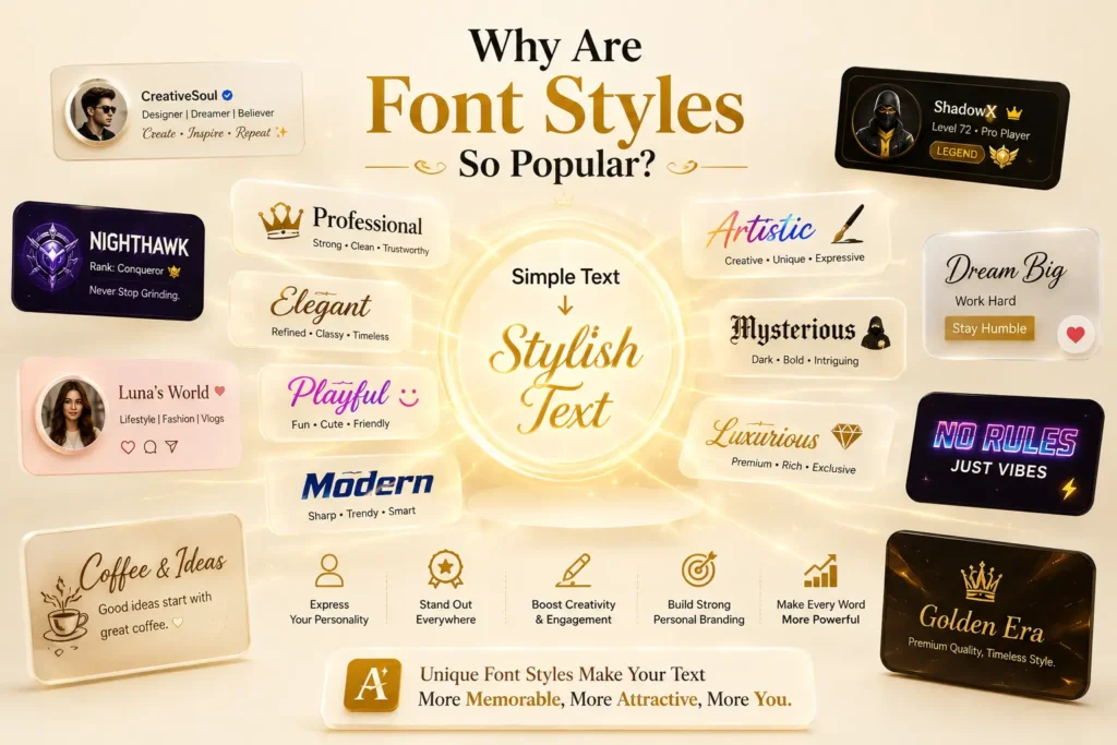 Creative font styles transforming plain text into elegant, modern, artistic, and stylish typography for social media, gaming, and personal branding