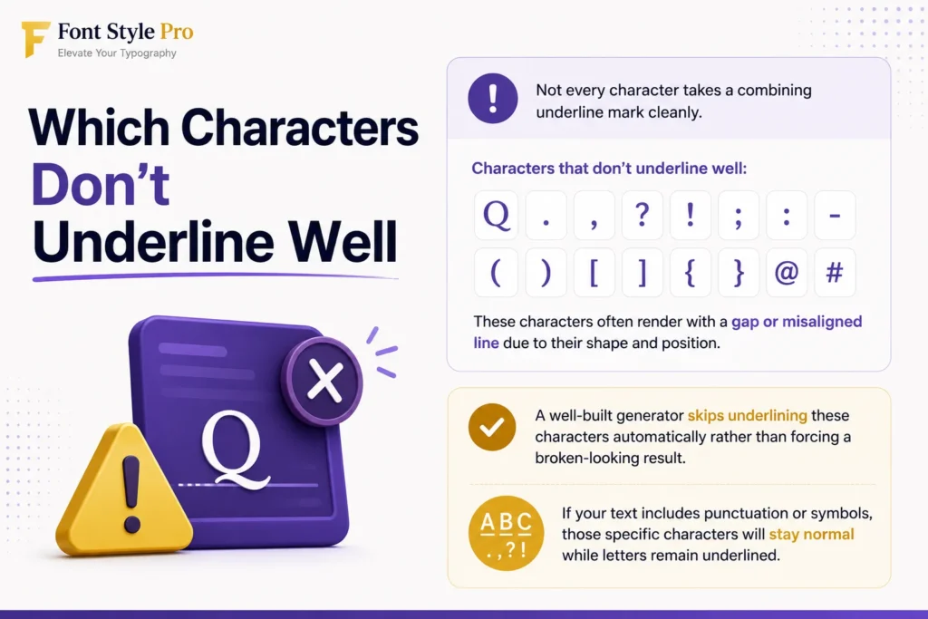 Underline text generator illustration showing which characters do not support Unicode underlining, including punctuation, symbols, and the letter Q.