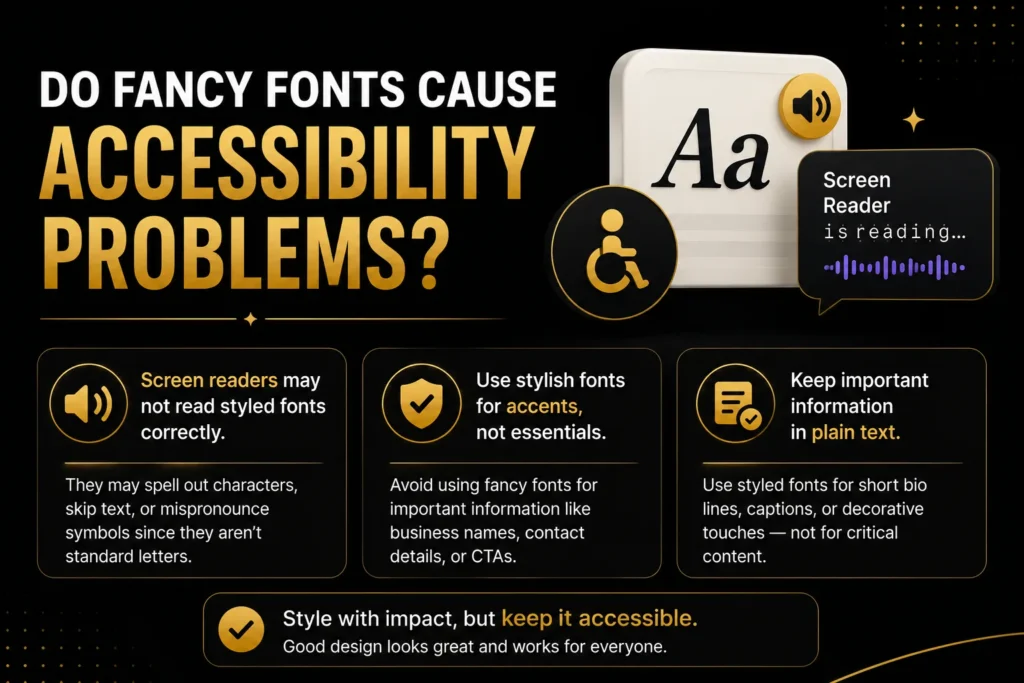 TikTok Font Generator illustration demonstrating accessible use of fancy Unicode fonts, screen reader compatibility, and best practices for readable social media text.
